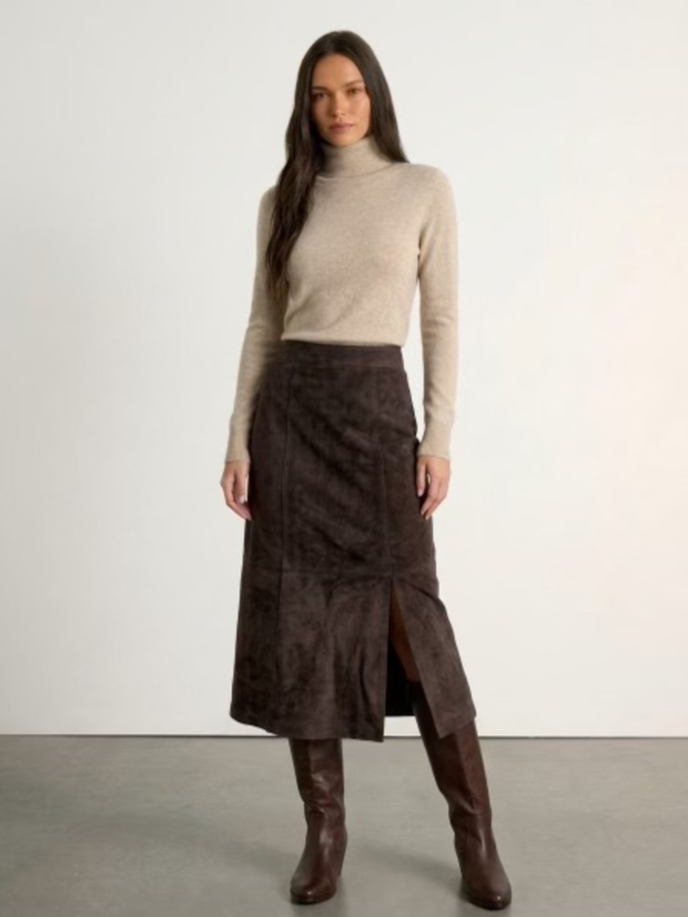 Authentic suede leather Rich Dark Brown Midi Skirt by Casual Corner